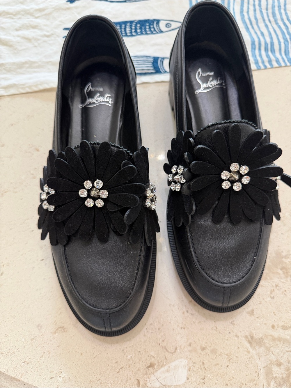 Christian Louboutin Black Floral Crystal-Embellished Loafer Flats